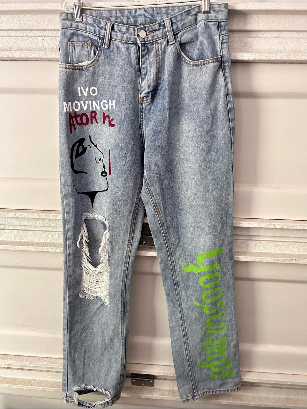 Light Blue Graphic  Jeans with Ripped Detail